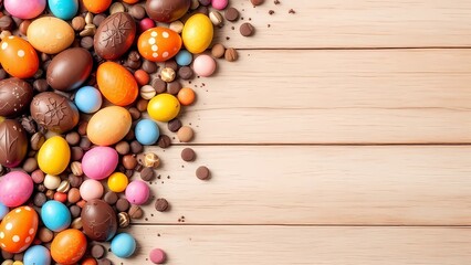 Colorful Chocolate Eggs and Candies Are Arranged on a Rustic Wooden Table, Creating a Festive Easter Display