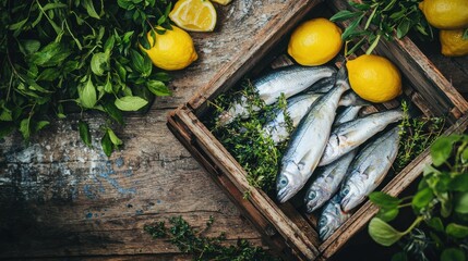  Fresh fish with green herbs and lemons in a rustic wooden crate on a weathered wooden table, symbolizing organic food and culinary traditions.
