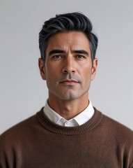 Fototapeta premium Mature Latin man focused short black hair brown turtleneck on white background