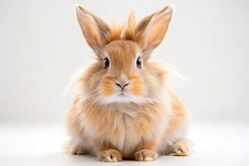 Obraz premium Fluffy white rabbit, a charming Easter bunny, isolated on white; perfect spring stock photo.
