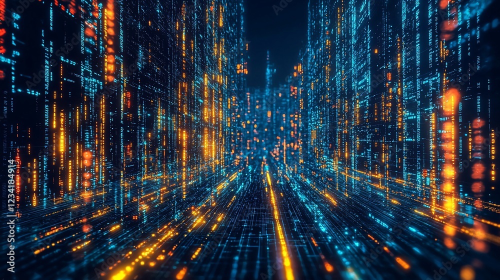 Poster abstract digital cityscape with glowing data streams
