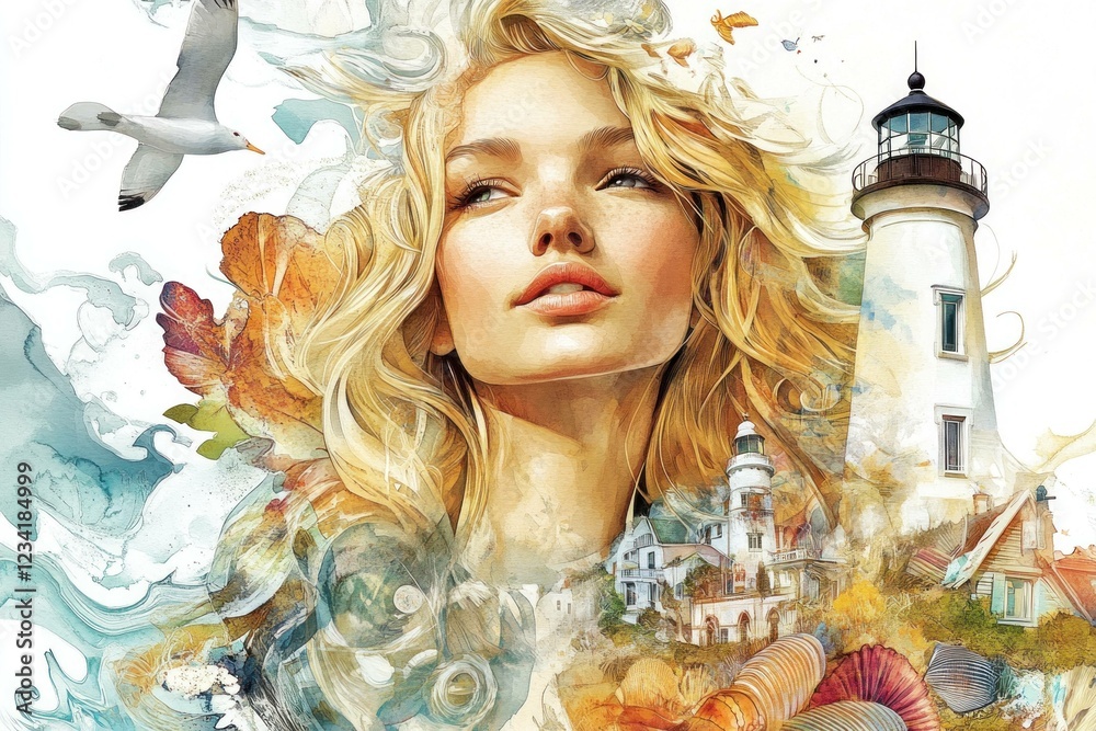 Canvas Prints Beautiful young woman with flowing blonde hair, surrounded by a vibrant watercolor landscape, embodying freedom and inspiration in a coastal setting