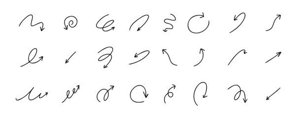 Doodle spiral arrows set. Hand drawn arrows. Design quirky twist line, curve wave arrow. 