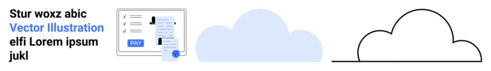 Digital interface with cloud service options, data and document interaction. Ideal for technology, software, storage, web hosting, IT infrastructure, connectivity, abstract line flat metaphor