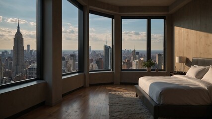 Fototapeta premium Large windows in cozy room with a view outside of the city with many tall buildings.