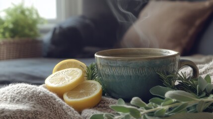 A steaming cup of black coffee with coffee beans scattered around on a wooden table.