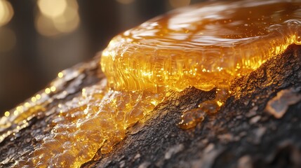 Thick golden resin oozing on tree bark in forest light
