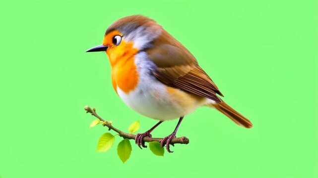 European Robin perched on branch, green screen, spring, nature, design