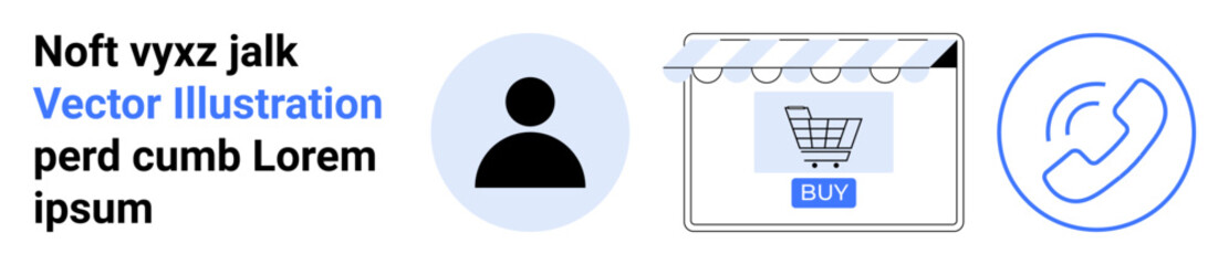 User avatar, shopping cart with Buy button under storefront awning, phone receiver icon. Ideal for e-commerce, customer support, user profiles, online shopping, digital storefronts, retail flat