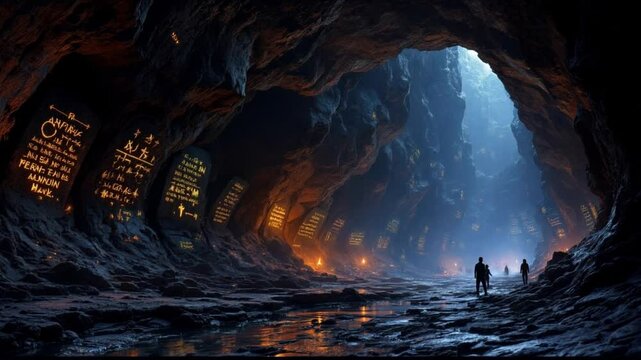 Explorers discover ancient cave inscriptions, sunlight streams in, fantasy setting