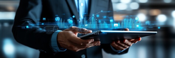 Businessman Analyzing Glowing Financial Chart On Tablet With Futuristic Interface In City