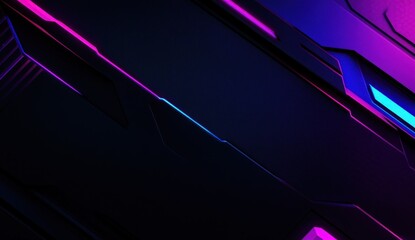 Abstract dark background with neon purple and blue glowing lines.