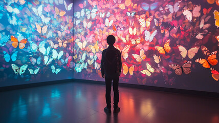 Person Silhouetted Against Colorful Butterfly Projection Art