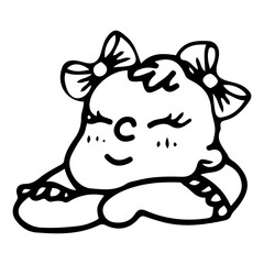 Baby girl sleeping with folded arms. Hand drawn doodle. Cute newborn smiling. Little child with bows on head. Vector line art illustration.