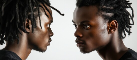 Two young Black men face off, dreadlocks, studio backdrop; diversity, identity