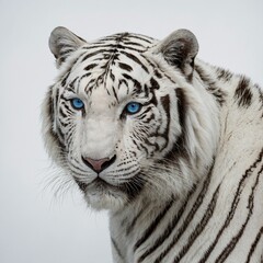 A majestic white tiger with piercing blue eyes, standing gracefully against a pure white background.