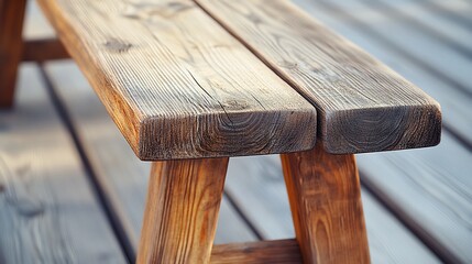Rustic wooden bench outdoors, deck background, summer sun