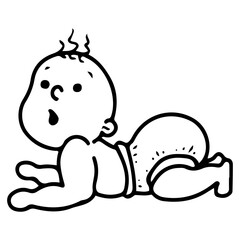 Surprised baby learning to crawl. Hand drawn doodle. Little child in diaper. Cute newborn. Vector line art illustration.