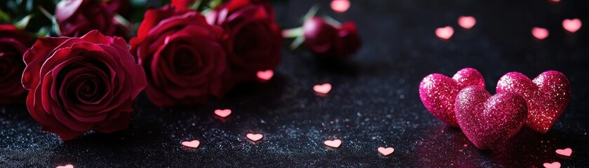 Obraz premium Fuchsia Roses and Hearts on Dark Surface for Romantic Valentine’s Theme Celebration Background