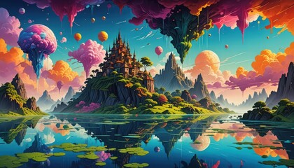 Abstract dreamscape with floating islands and fluid sky, surreal digital painting, vibrant colors