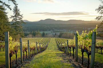 Obraz premium Scenic vineyard landscape with rows of vines and distant hills 
