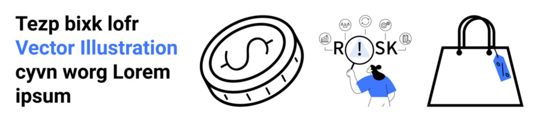 Coin with dollar sign, person analyzing risk, and shopping bag with tag. Ideal for finance, risk, investment, shopping, commerce, decision-making and economics-themed flat landing page banner