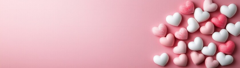 Fototapeta premium Delicate Pink Backdrop with White and Pink Hearts for Valentine’s Day or Romantic Themes