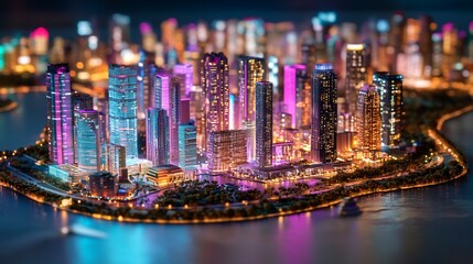 Obraz premium Illuminated city model, nighttime, waterfront, miniature, architectural design