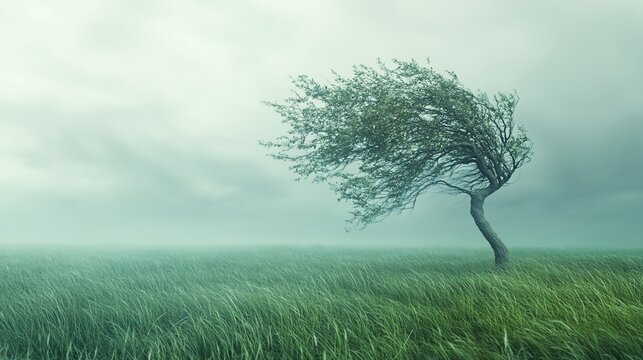 Lone tree bending in windswept field, foggy day, nature scene