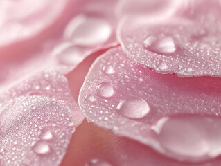 In a tranquil garden at dawn, tiny droplets of water cling delicately to soft pink rose petals, revealing nature's intricate beauty. The fresh morning air enhances this enchanting moment.