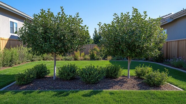 Two small trees in a backyard garden on a sunny day

