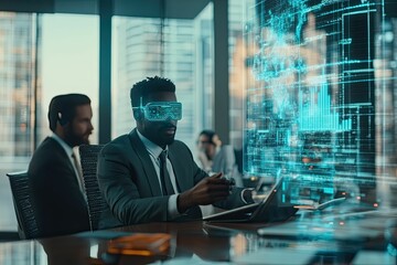 Businesspeople using futuristic technology; data analysis.
