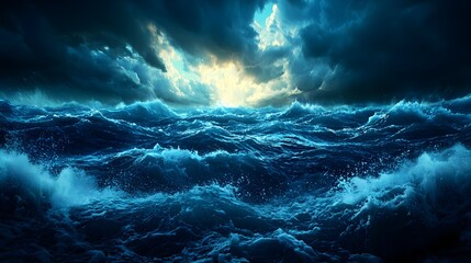 Dark Blue Ocean Waves Under Stormy Sky