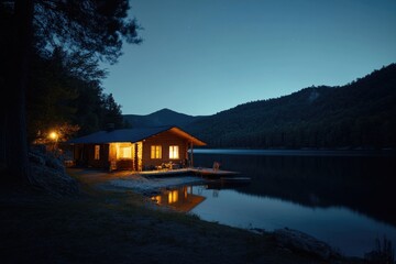 Fototapeta premium Lake Cabin Night