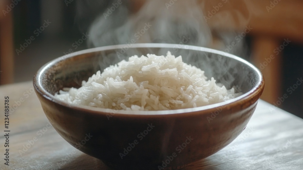 Poster Wooden Bowl White Rice Wooden Table