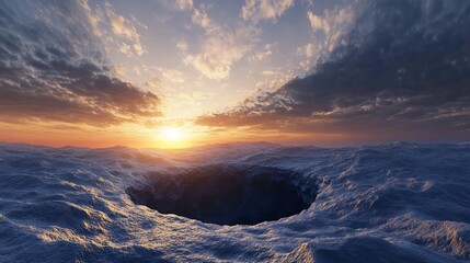 Arctic sunset chasm landscape; dramatic cloudscape background; environmental concept
