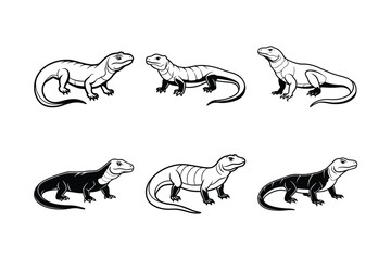 Komodo Dragon (Varanus komodoensis) animal design, labeled line art vector art illustration.