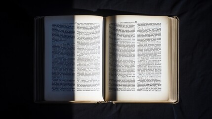Obraz premium Open book, sunlit pages, dark fabric, knowledge, education
