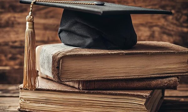 Graduation cap on old books, wooden background, education concept, website header