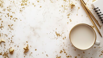 From above, a room for writing with a shiny gold adornment on a white background -