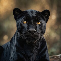 A sleek black panther with golden eyes, its fur shimmering under soft lighting.