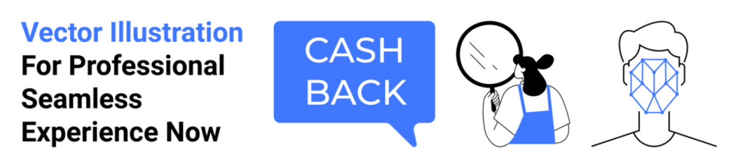 Cashback prompt in speech bubble, person inspecting details with magnifying glass, facial recognition feature. Ideal for e-commerce, tech, customer service, security, AI, data analysis flat landing