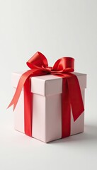 Obraz premium A long red ribbon flowing across the top of a large gift on a white background, big, top, decorated