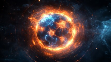 Obraz premium A glowing, fiery planet surrounded by cosmic energy and vibrant colors.