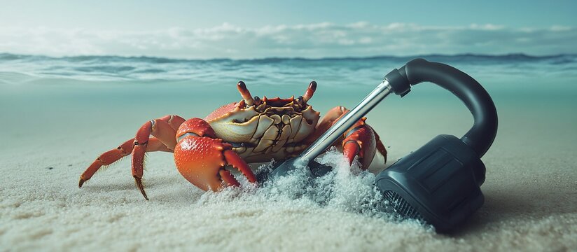 Crab using vacuum on beach, ocean waves background; cleaning, ad