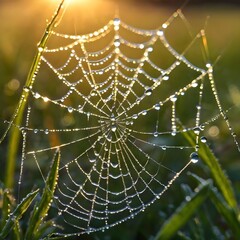 a delicate spider web covered in glistening dew drops