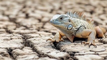 Obraz premium Drought-stricken iguana on cracked earth, arid landscape background, environmental conservation