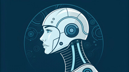 Obraz premium A futuristic humanoid robot is depicted with intricate mechanical details and a soft blue color palette. The background features circular geometric patterns that enhance the technological theme.AI