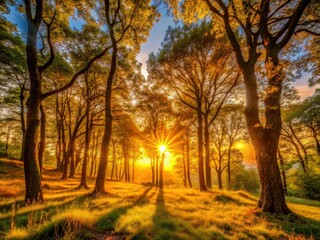 Naklejka premium Majestic sunbeams pierce a woodland silhouette at sunset, creating a breathtaking forest scene.