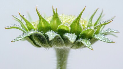 Obraz premium Dew-kissed sunflower bud, close-up, studio, botanical backdrop, nature photography